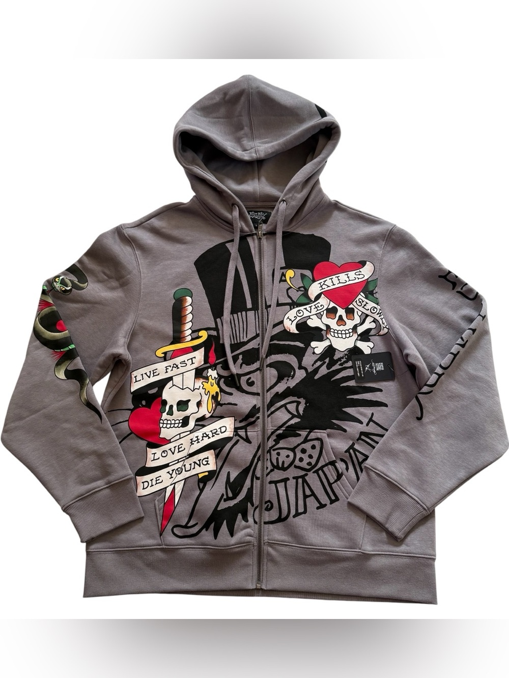NWT Ed Hardy Japan Skull Snake LKS Men’s Graphic Zip Up Hoodie Size Large